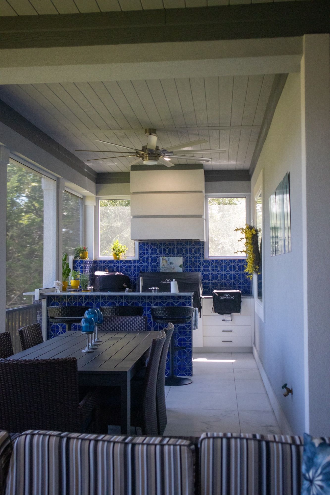 A covered porch on a completed Lackey Luxury home.